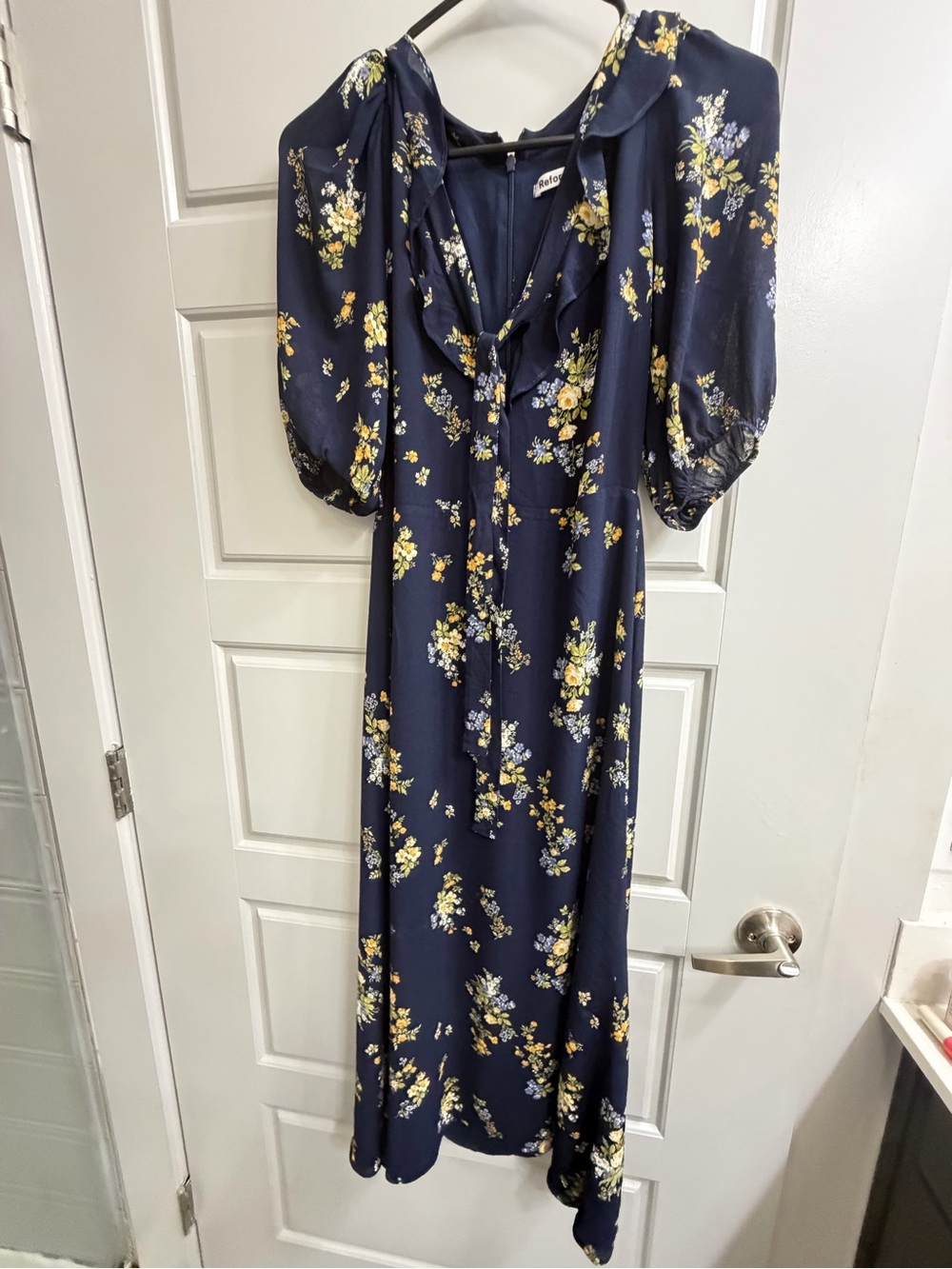 Reformation Brook Floral tie Navy Floral Tie-Front Maxi Dress
